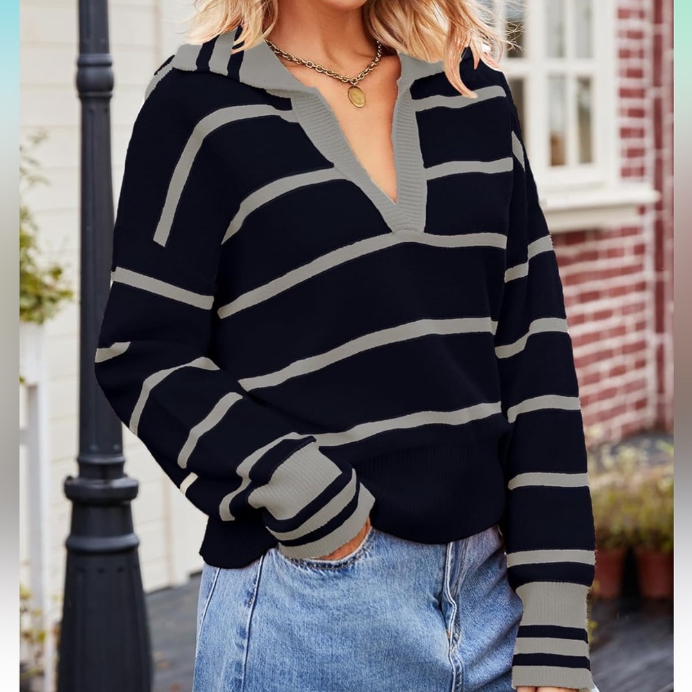 COPY - Stunning V Neck Collar Striped Black/Grey Sweater Top